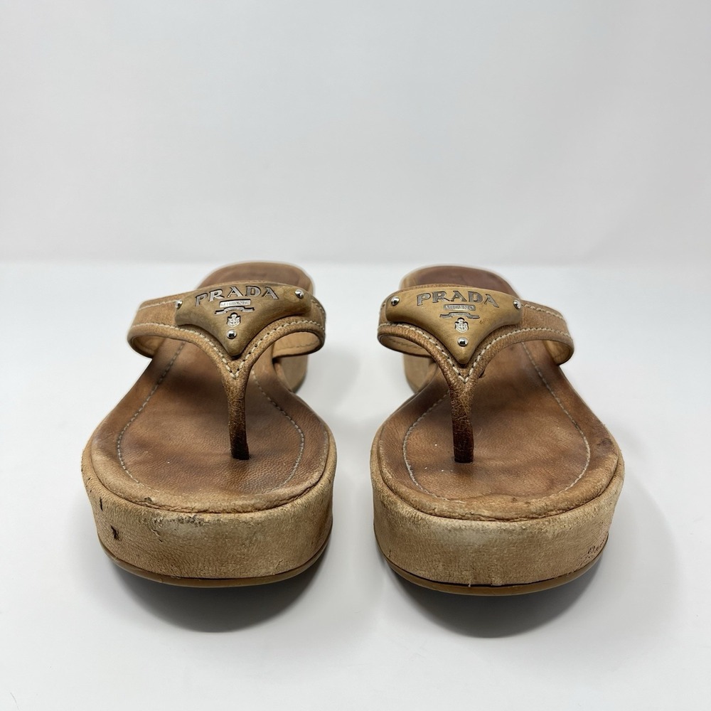 Vintage Prada 90s Y2K Brown Tan Triangle Logo Platform Wedge Thong Sandals 37 7 - Picture 7 of 10